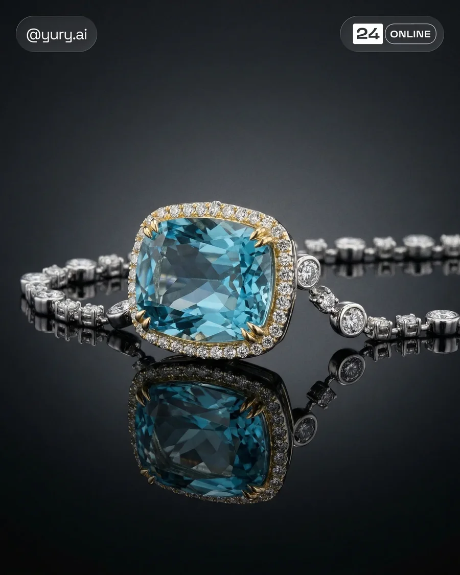 Luxury macro jewelry on black glass with mirrored reflections and gemstone… — AI-generated example 3 of 3