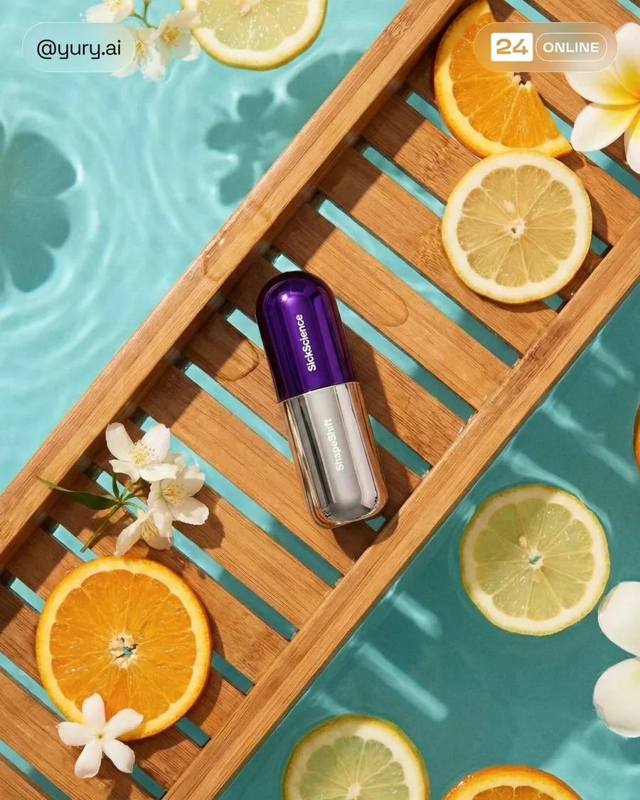 Luxury skincare flat lay on bath tray above pool, fresh spa-like editorial style — AI-generated example 4 of 5