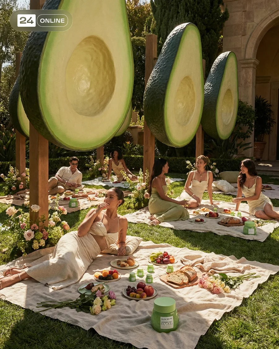 Sunlit editorial skincare campaign featuring avocado-themed outdoor lifestyle… — AI-generated example 2 of 6