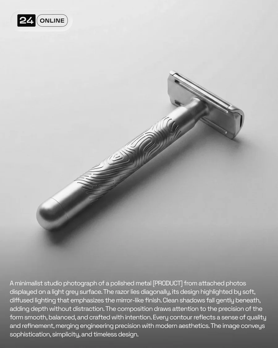 Minimalist studio shaving razor photography with refined metallic details and… — AI-generated example 2 of 6