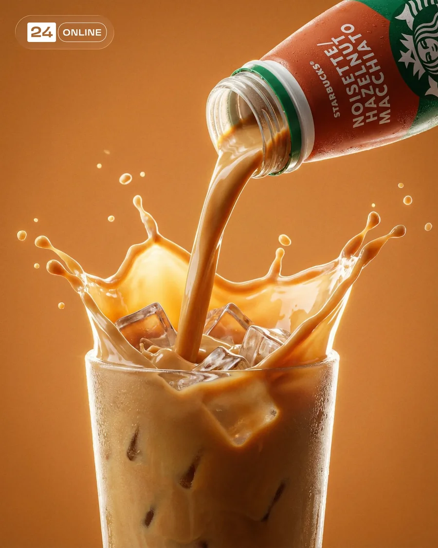 Warm caramel-oat drink product photography with dynamic splashes, geometric… — AI-generated example 6 of 6