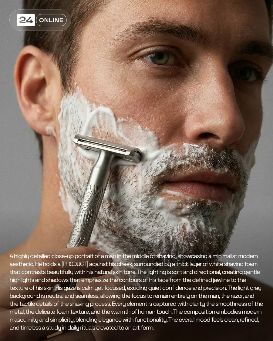 Minimalist studio shaving razor photography with refined metallic details and… — AI-generated example 3 of 6