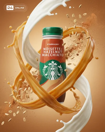Warm caramel-oat drink product photography with dynamic splashes, geometric sets, and cozy lifestyle styling.