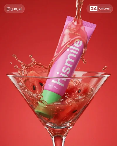 Bold hyper-real lip balm photography with vivid colors, watermelon styling, and playful lifestyle scenes