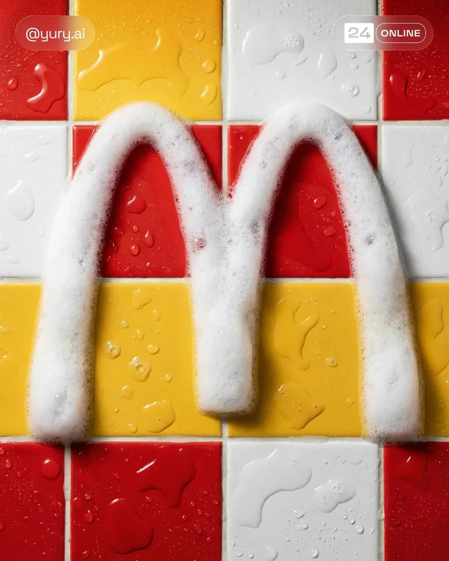 Top-down macro soap foam logo on glossy bathroom tiles with bright clean styling — AI-generated example 3 of 4