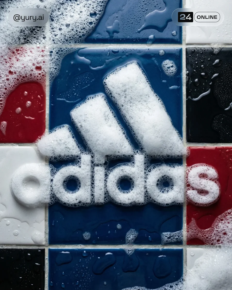 Top-down macro soap foam logo on glossy bathroom tiles with bright clean styling — AI-generated example 4 of 4