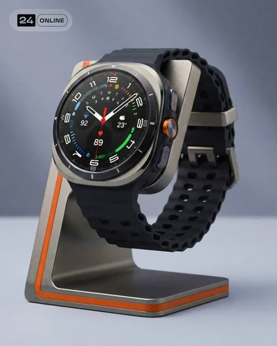 Modern smartwatch close-up on angled stand with soft gray high-tech studio aesthetic