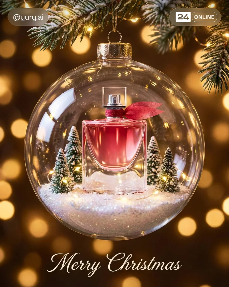 Luxury Christmas-themed product showcase with festive ornaments, glowing… — AI-generated example 3 of 3