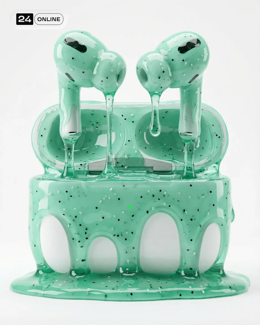 Hyperreal accessory coated in dripping translucent waxy slime on white studio… — AI-generated example 2 of 5