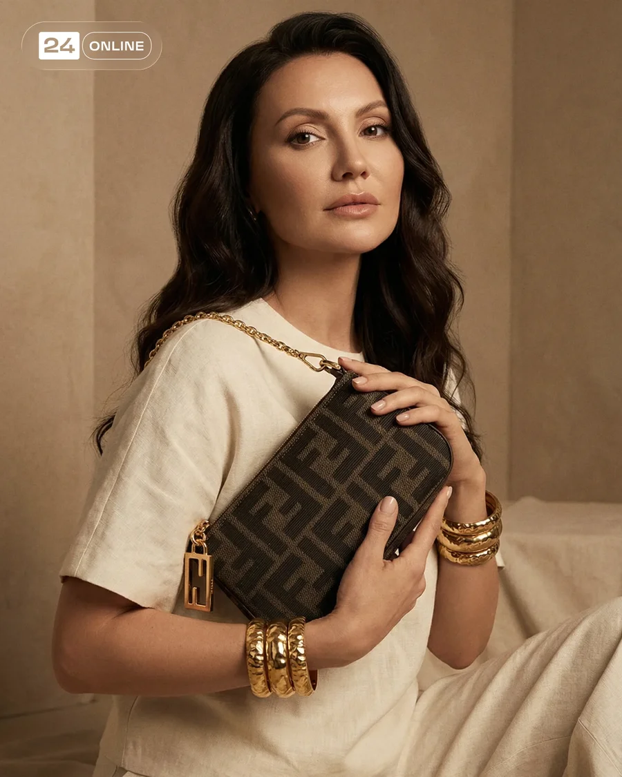 Luxury editorial shots of a brown monogram mini shoulder bag with gold chain. — AI-generated example 3 of 5