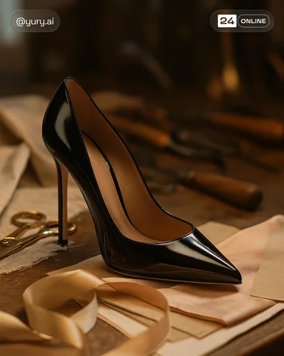 Luxury stiletto heels in cinematic editorial lighting with couture, moody elegance.