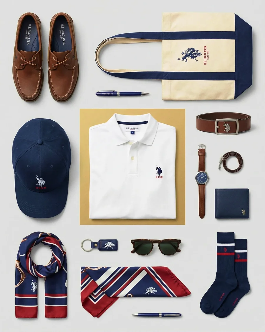Top-down knolling flat lay of branded fashion accessories and footwear in clean… — AI-generated example 3 of 5