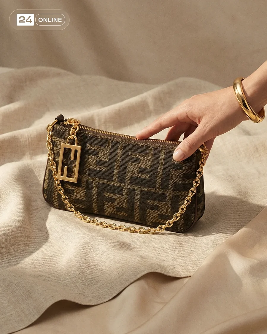Luxury editorial shots of a brown monogram mini shoulder bag with gold chain. — AI-generated example 5 of 5