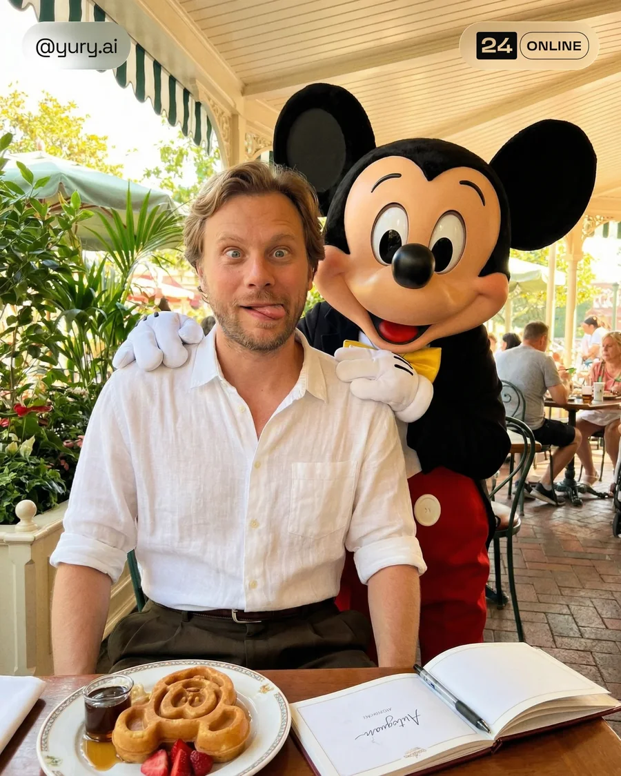 Travel lifestyle portraits featuring casual menswear in a vibrant theme park… — AI-generated example 2 of 5