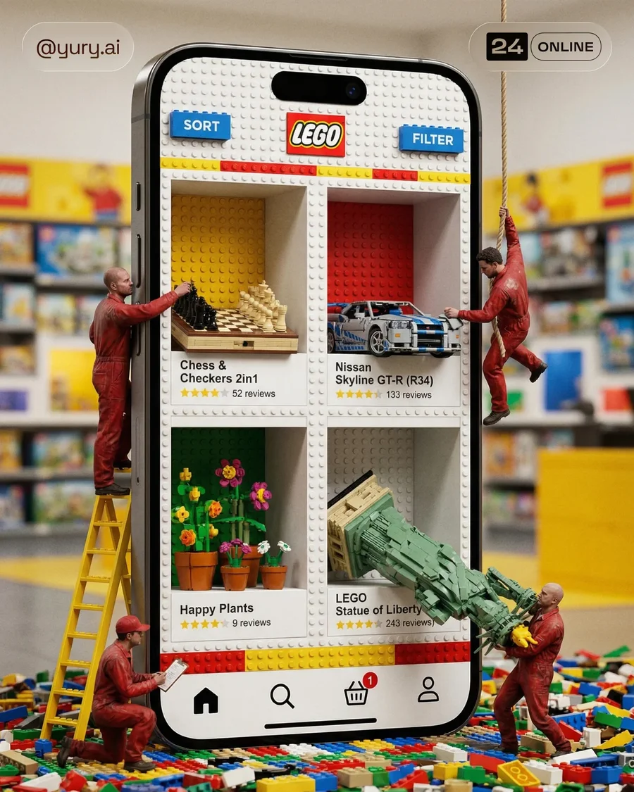 Hyper-realistic giant smartphone storefront with miniature workers arranging… — AI-generated example 3 of 4