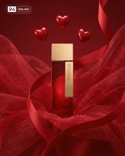 Luxury romantic beauty product photography with dramatic red tones and premium studio styling
