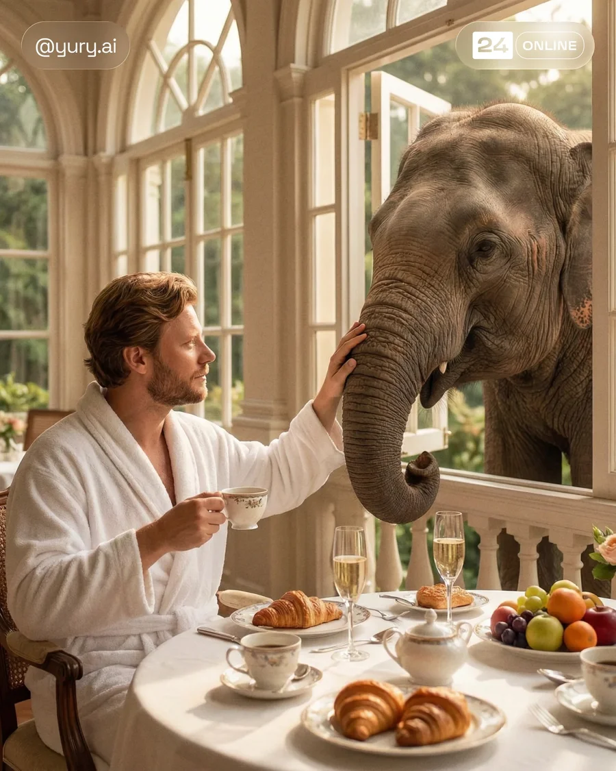 Surreal luxury lifestyle portrait featuring a man in a white robe at breakfast. — AI-generated example 2 of 4