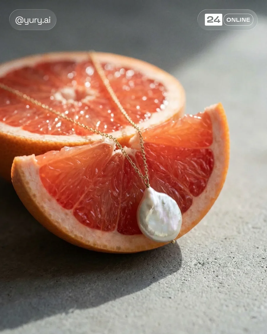 Luxury editorial fine jewelry styled on fresh fruit with soft cinematic… — AI-generated example 3 of 4