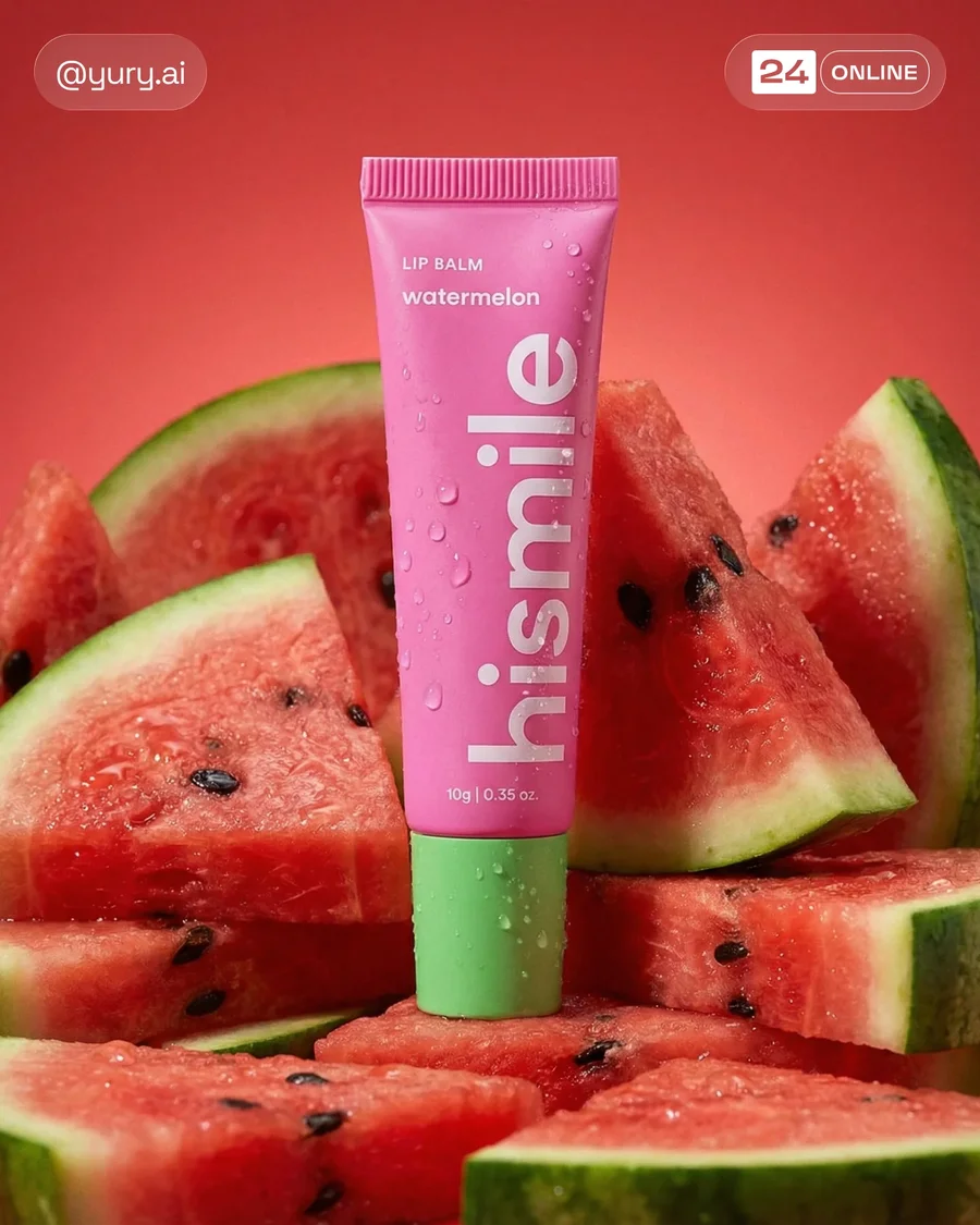 Bold hyper-real lip balm photography with vivid colors, watermelon styling, and… — AI-generated example 2 of 6