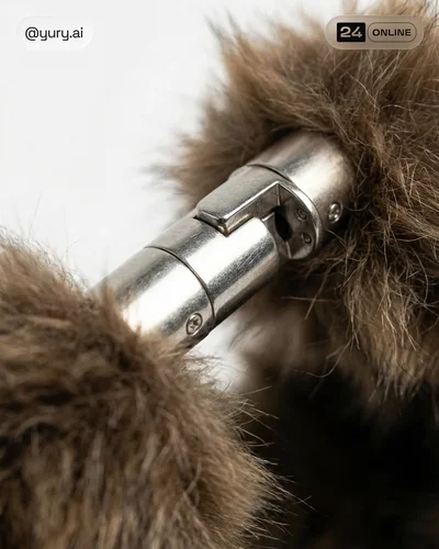 Editorial faux fur handbag and boot styling with silver hardware on clean studio backgrounds