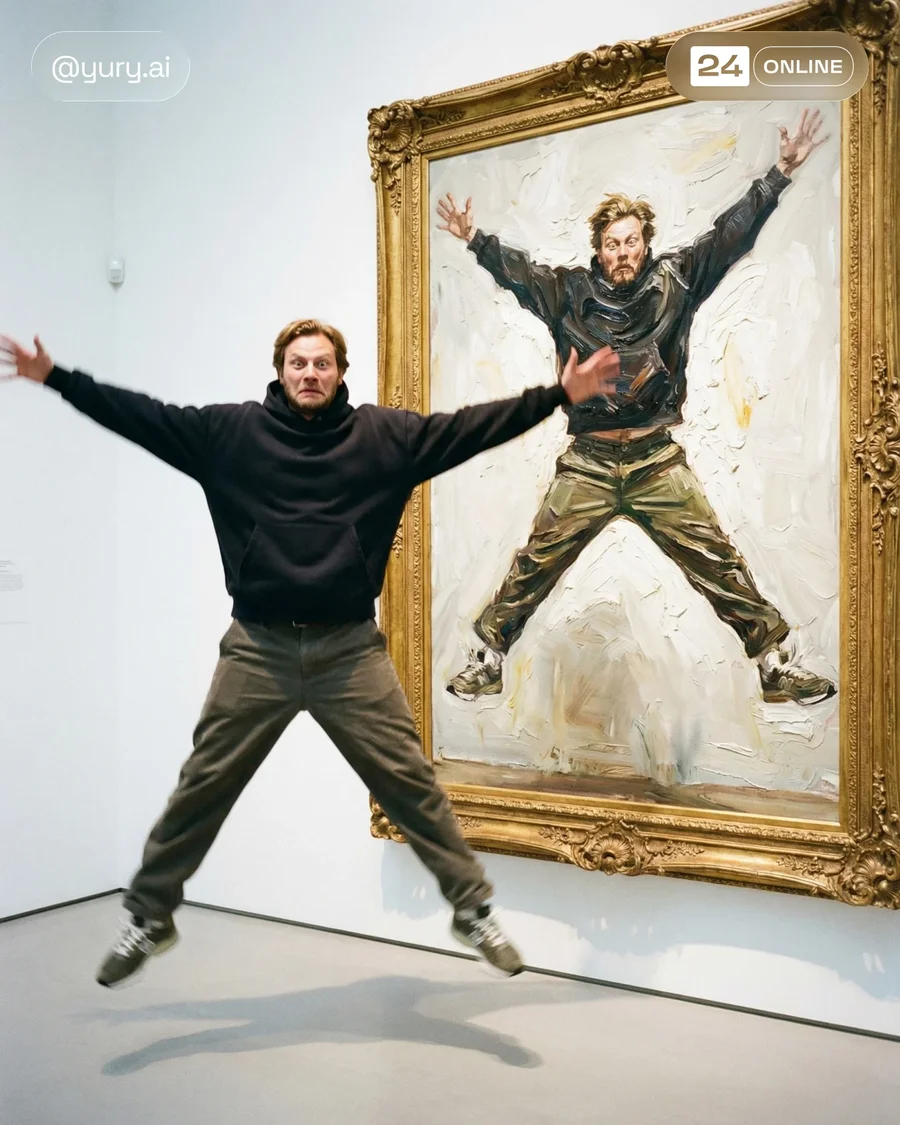 Playful streetwear portraits in a luxury museum with surreal impasto painting… — AI-generated example 2 of 4