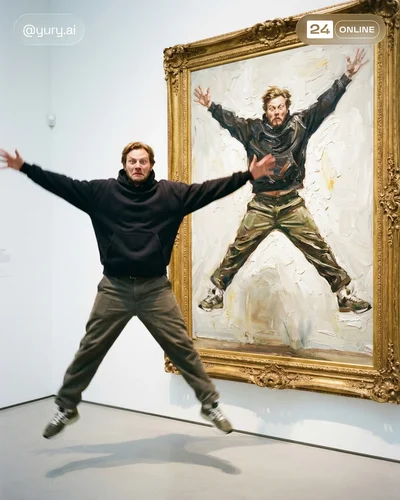 Playful streetwear portraits in a luxury museum with surreal impasto painting effects