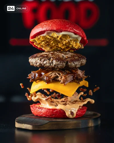 Cinematic ultra-realistic exploded dish close-ups with layered ingredients and shallow depth of field