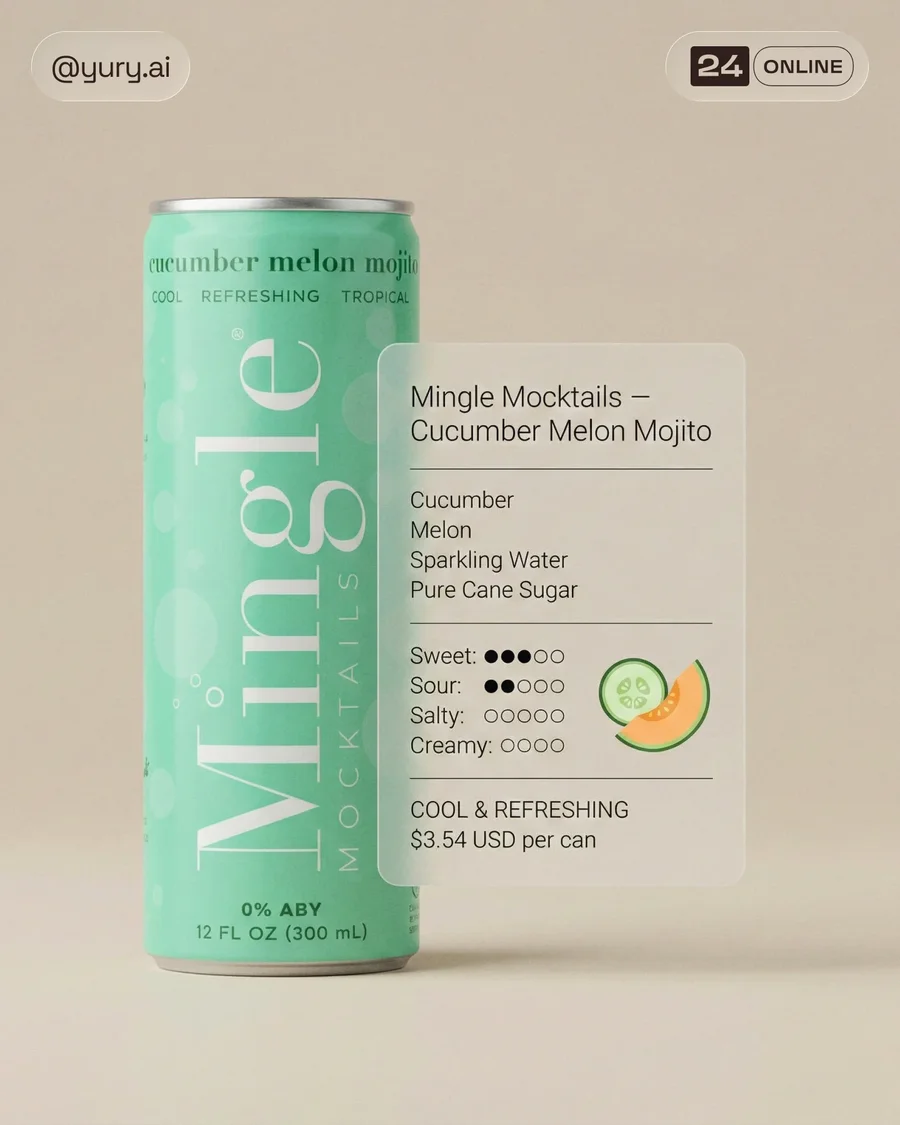 Ultra-minimalist canned mocktail product shot with frosted info card on beige… — AI-generated example 2 of 3