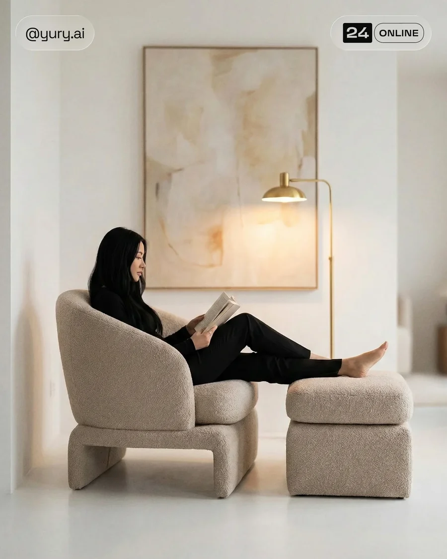 Editorial luxury lounge chair scenes in refined modern interiors with warm… — AI-generated example 2 of 4