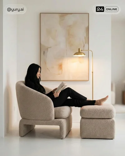 Editorial luxury lounge chair scenes in refined modern interiors with warm, cinematic lighting.