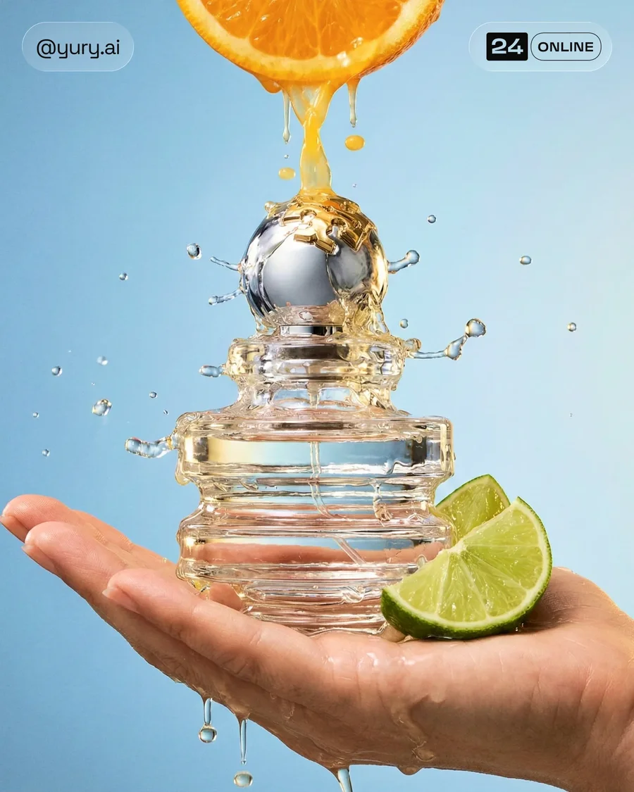 Luxury fragrance bottle photography with cinematic freshness and moody… — AI-generated example 2 of 2