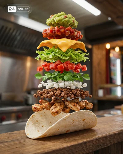 Cinematic ultra-realistic exploded dish photography with layered ingredients and tight telephoto close-up
