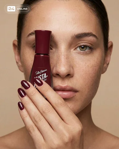 Luxury minimalist nail polish beauty shots with manicured hands and elegant product bottles