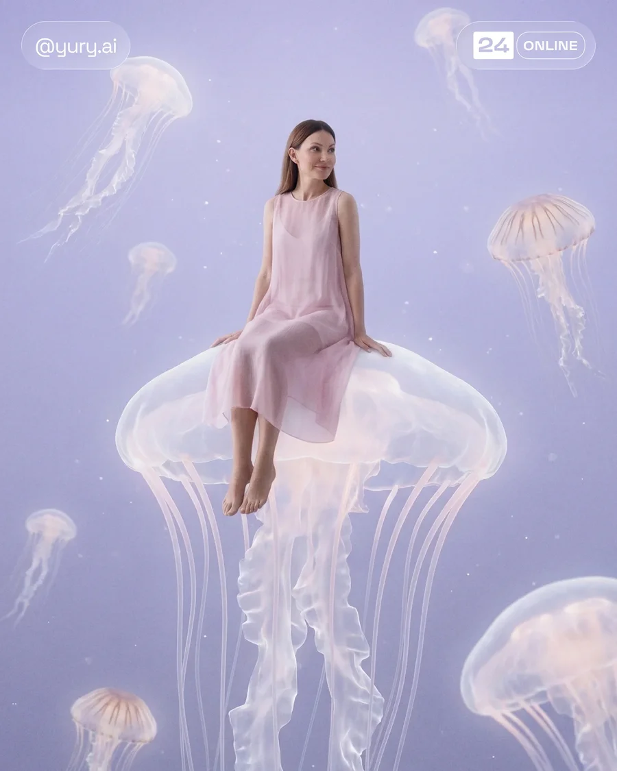 Surreal editorial fashion portraits with miniature women posed on floating… — AI-generated example 3 of 4
