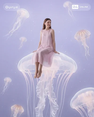 Surreal editorial fashion portraits with miniature women posed on floating realistic marine animals.