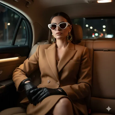 Cinematic womenswear portraits featuring tailored outerwear, accessories, and refined urban sophistication.