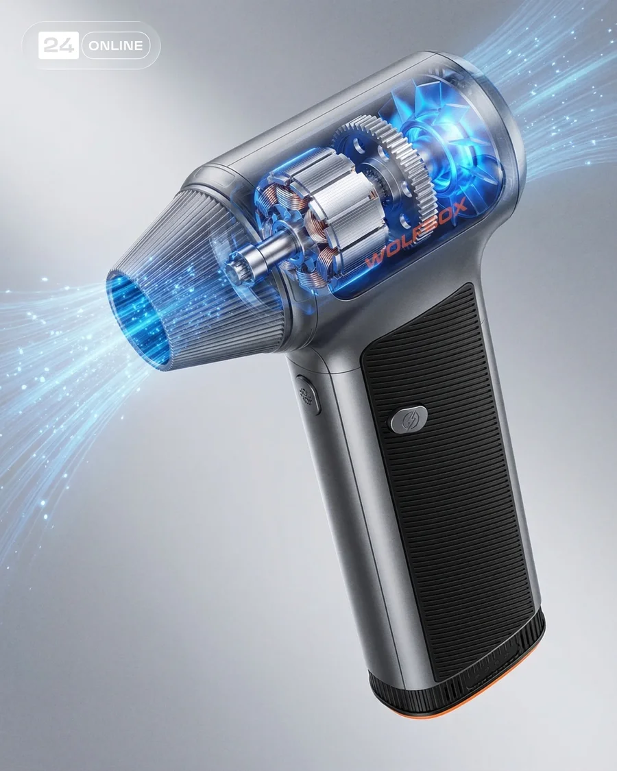 Industrial studio and macro photography of a handheld electric air blower tool. — AI-generated example 2 of 6