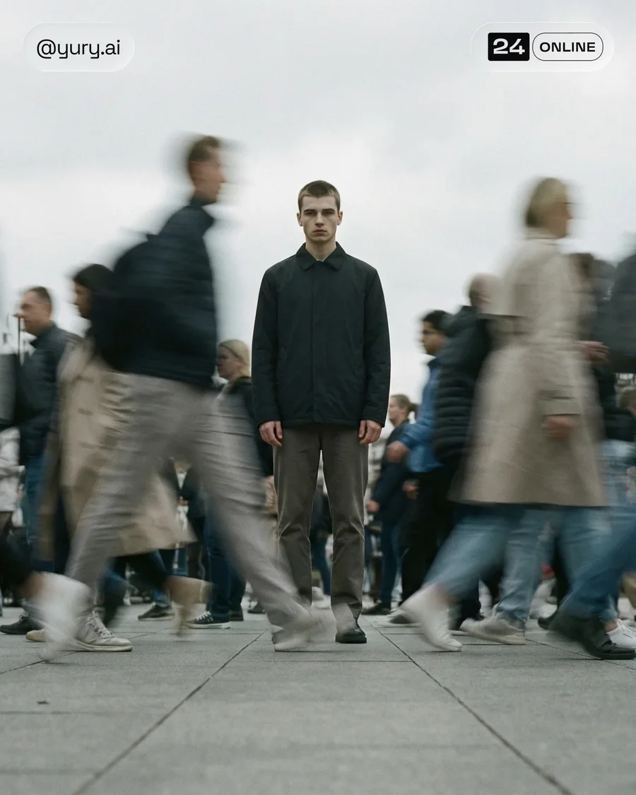 Cinematic editorial fashion portrait with still model amid blurred commuter… — AI-generated example 3 of 3