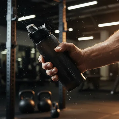 Cinematic matte-black shaker bottle in gritty gym, studio, and lifestyle fitness scenes