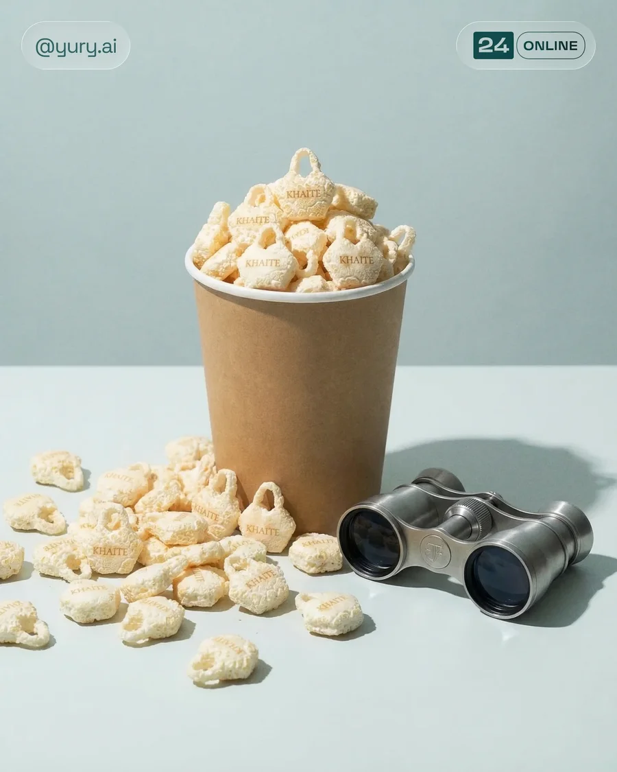 Surreal luxury editorial featuring miniature popcorn-textured handbags in soft… — AI-generated example 2 of 3