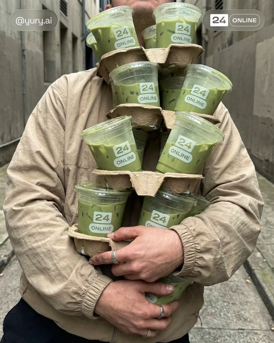 Hyper-realistic lifestyle coffee and matcha drinks in urban editorial street… — AI-generated example 2 of 3
