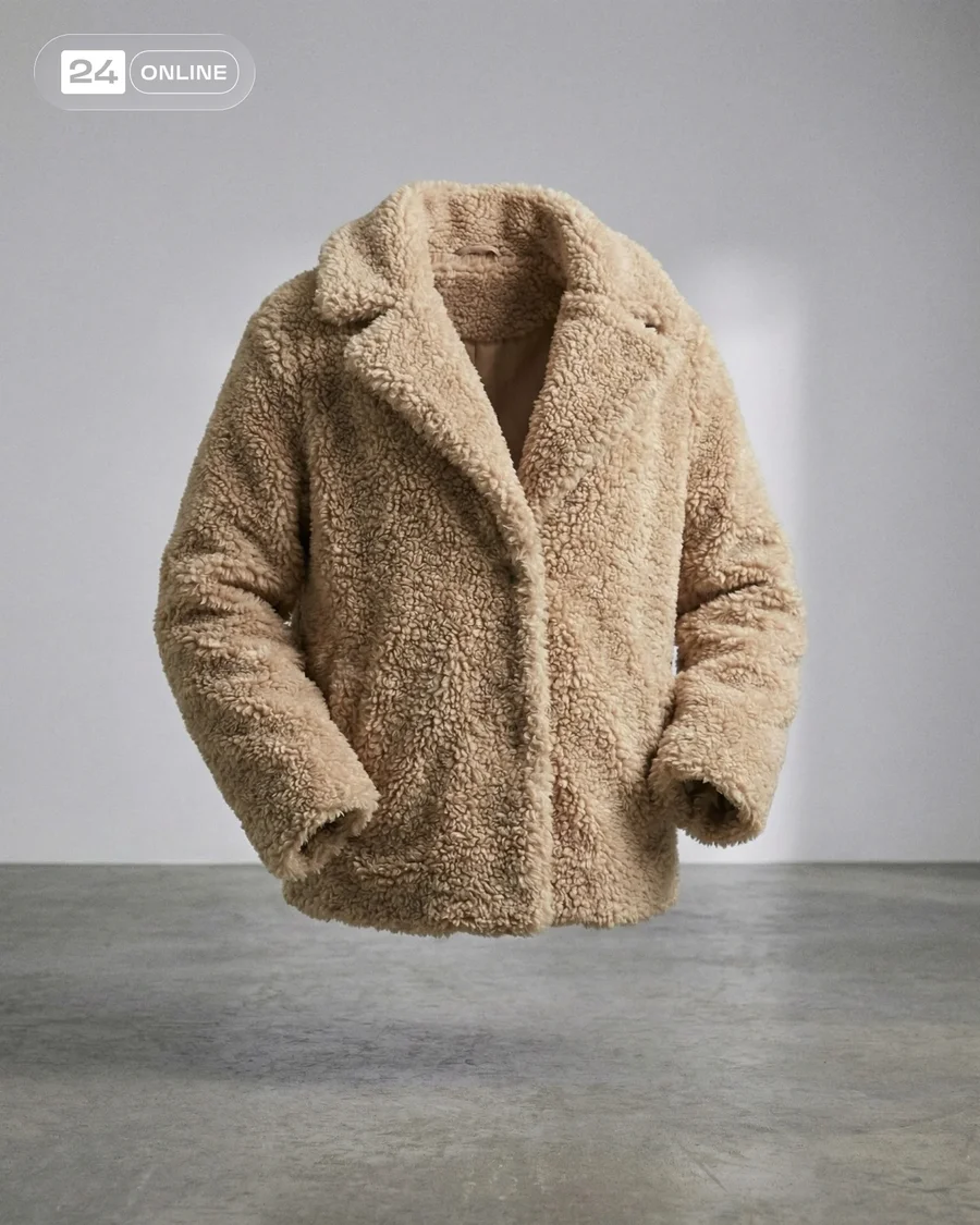 Editorial faux fur jacket photography with soft neutral studio styling and… — AI-generated example 3 of 4