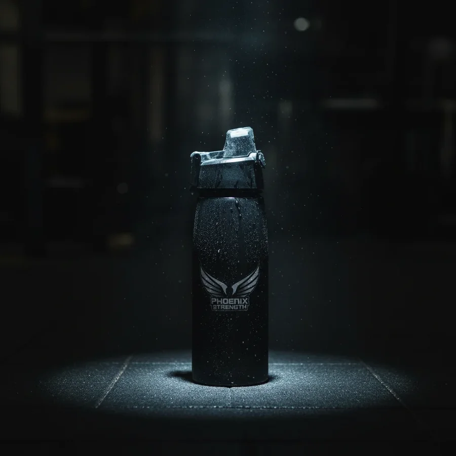 Cinematic matte-black shaker bottle in gritty gym, studio, and lifestyle… — AI-generated example 5 of 5