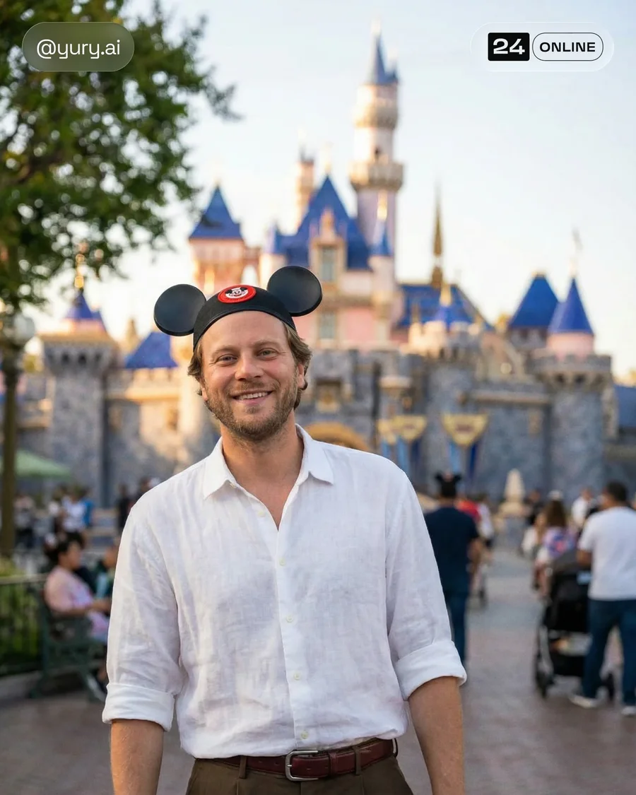 Travel lifestyle portraits featuring casual menswear in a vibrant theme park… — AI-generated example 4 of 5