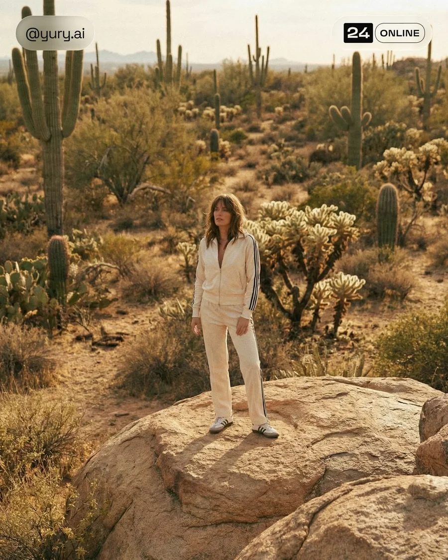 Editorial desert fashion campaign with muted tones, cinematic film aesthetic… — AI-generated example 2 of 3