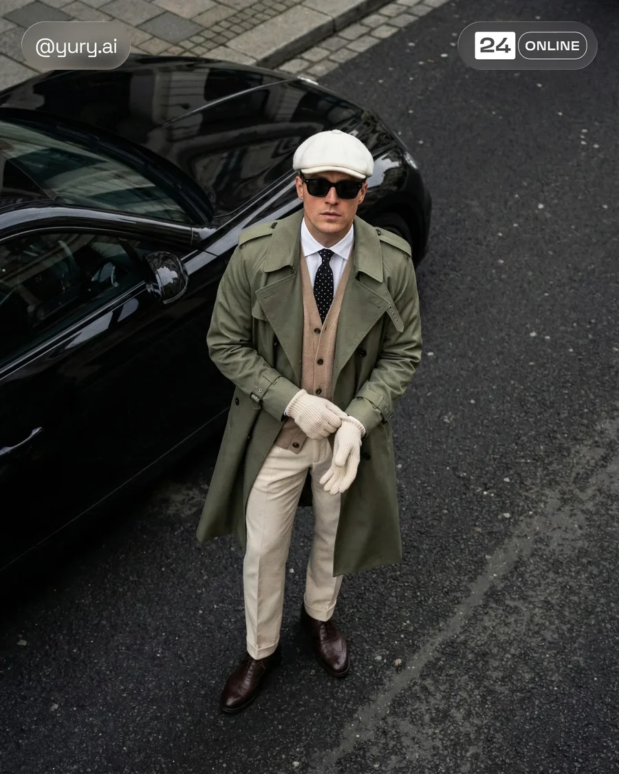Men's editorial streetwear with tailored coats and vintage accessories in… — AI-generated example 2 of 2