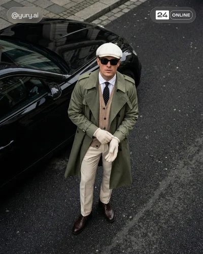 Men's editorial streetwear with tailored coats and vintage accessories in cinematic urban settings