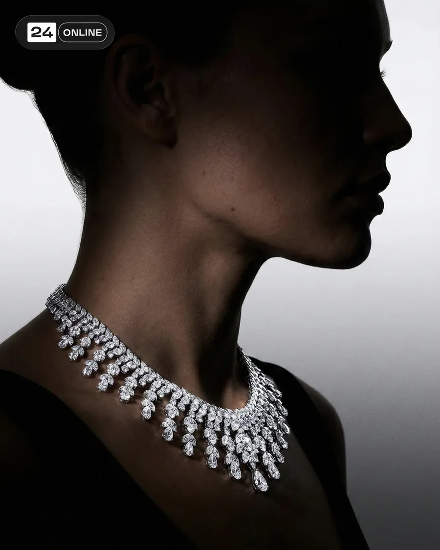 Dramatic high-contrast luxury jewelry portraits on female model with shadowed… — AI-generated example 6 of 7