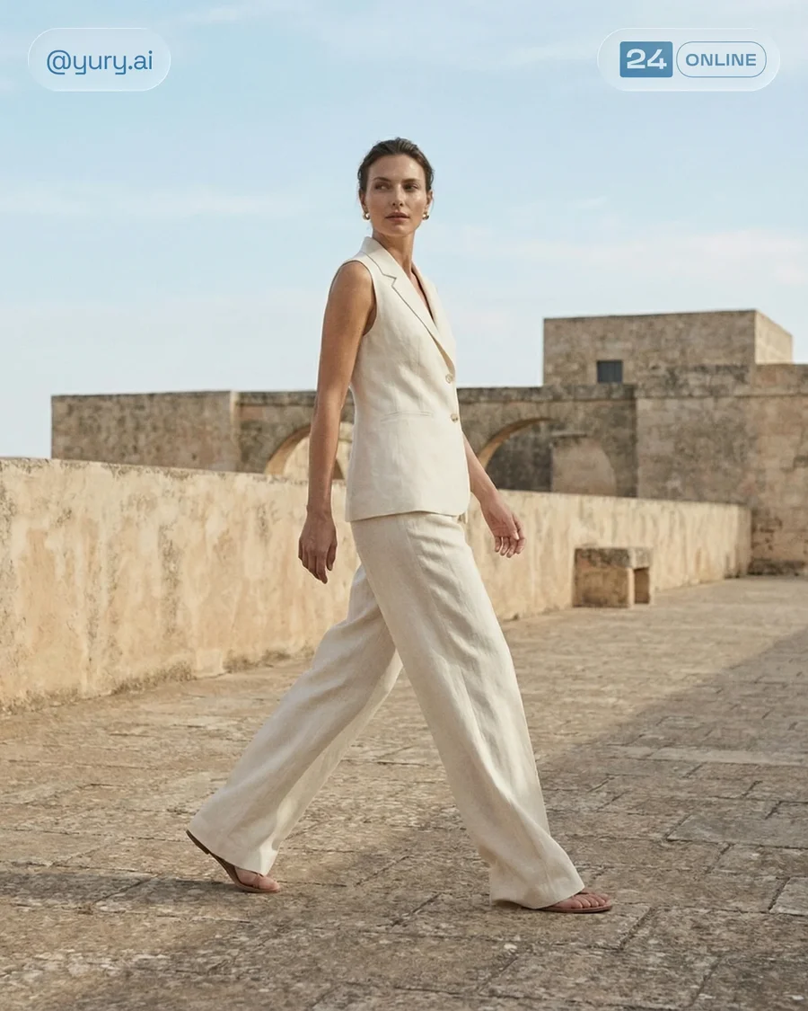 Luxury editorial womenswear in ivory linen tailoring against ancient stone… — AI-generated example 2 of 5