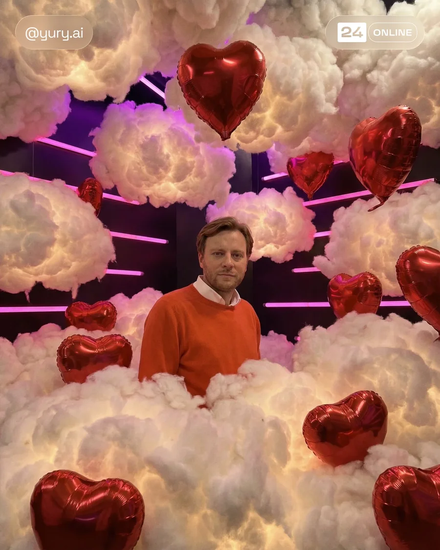 Surreal interior photography with oversized plush letters, heart balloons, and… — AI-generated example 2 of 4